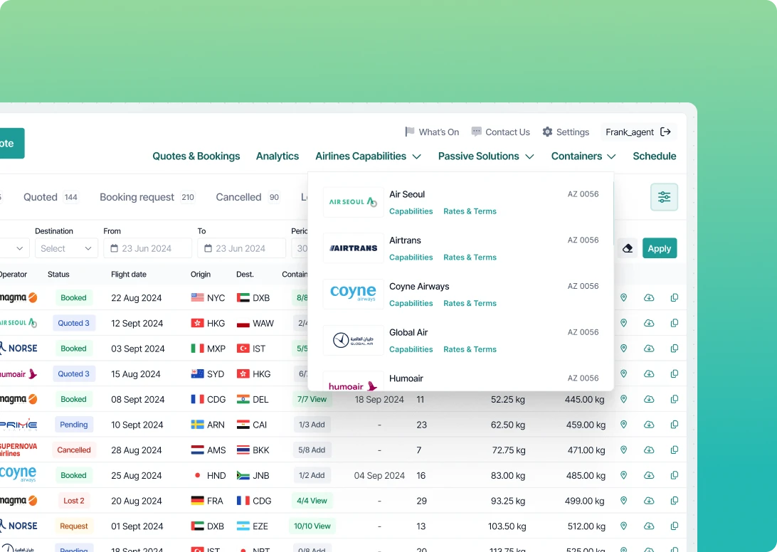 A webpage screenshot displays a table of flight booking details, featuring airlines and destinations. A dropdown menu links to "Rates & Terms" for various airlines. The background fades from light green to darker green, akin to refreshing quotes on travel vistas.